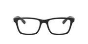 Black rectangular eyeglass frames, front view with clear demo lenses.
