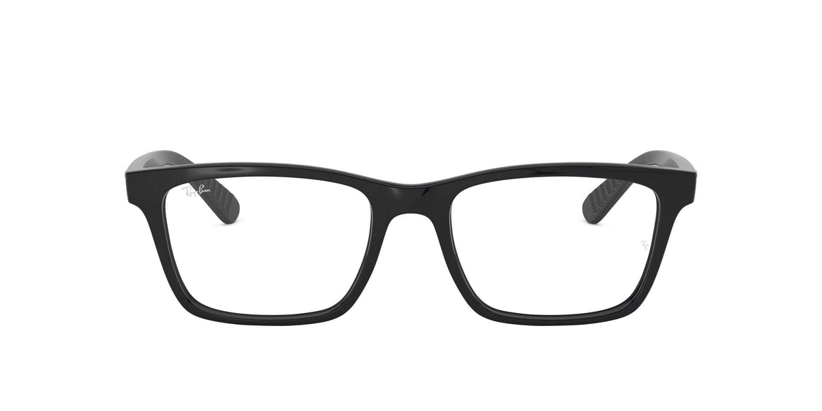Black rectangular eyeglass frames, front view with clear demo lenses.