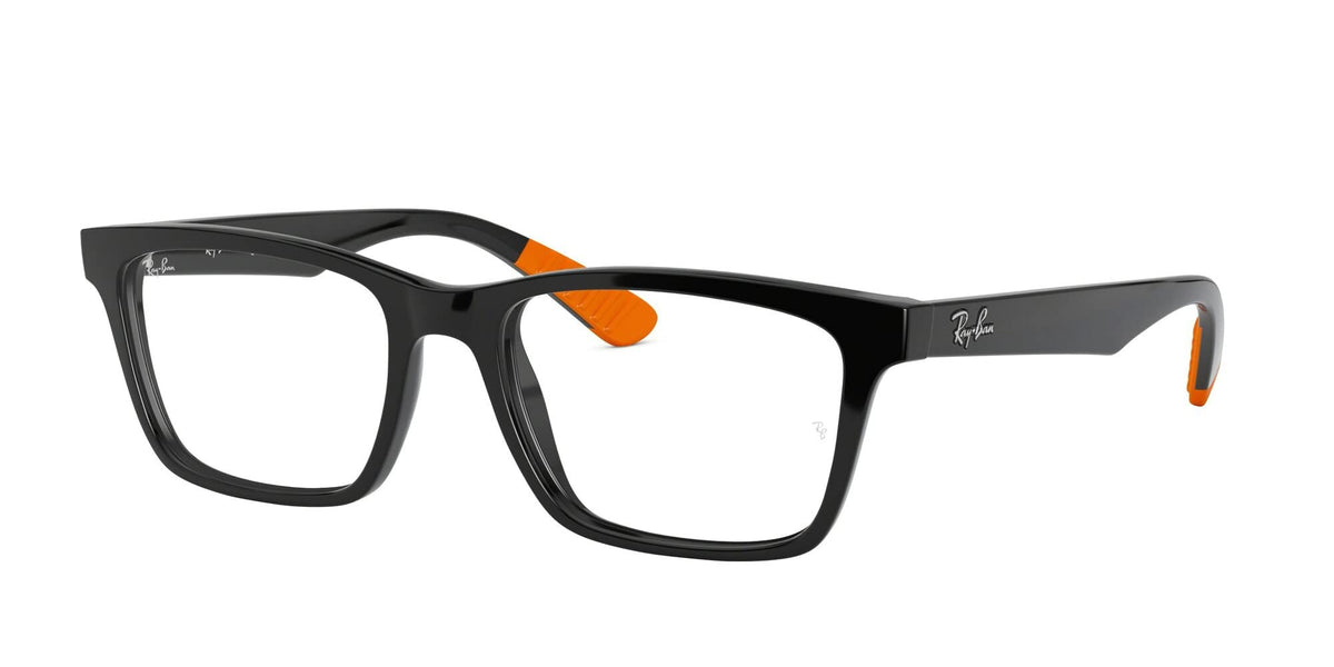 Black rectangular eyeglass frames with orange temple accents and clear demo lenses.