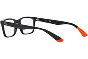 Black rectangular eyeglass frames with orange temple tips, front-angled view.