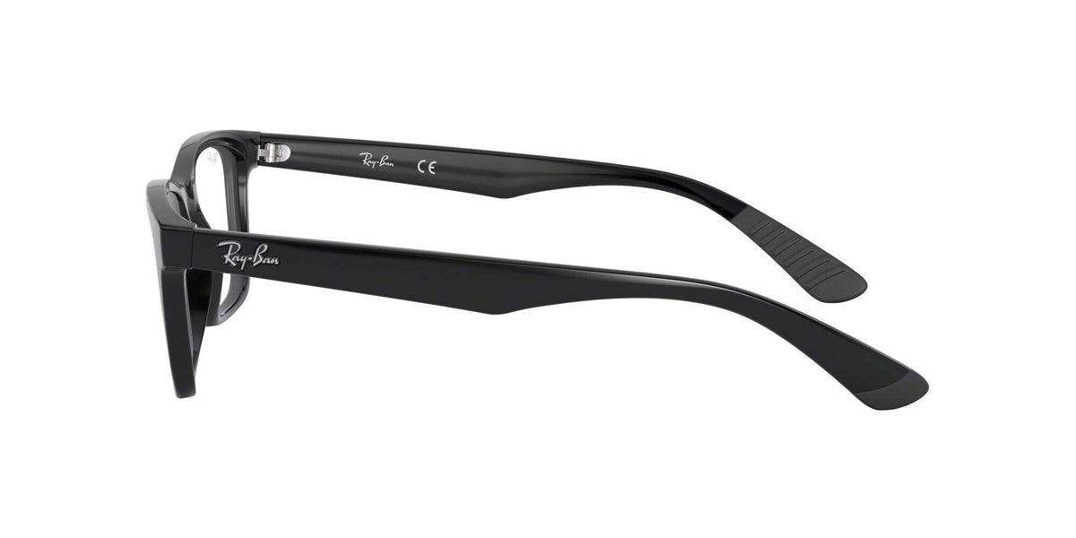 Black rectangular eyeglass frames with striped temple details, side profile.