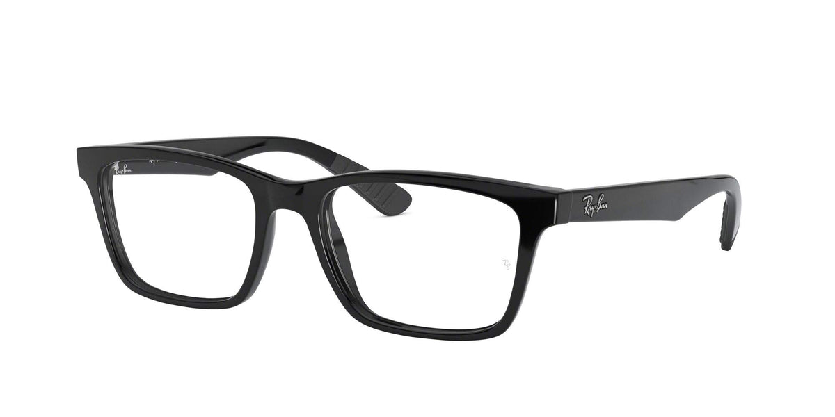 Black rectangular eyeglass frames, front three-quarter view with clear demo lenses.