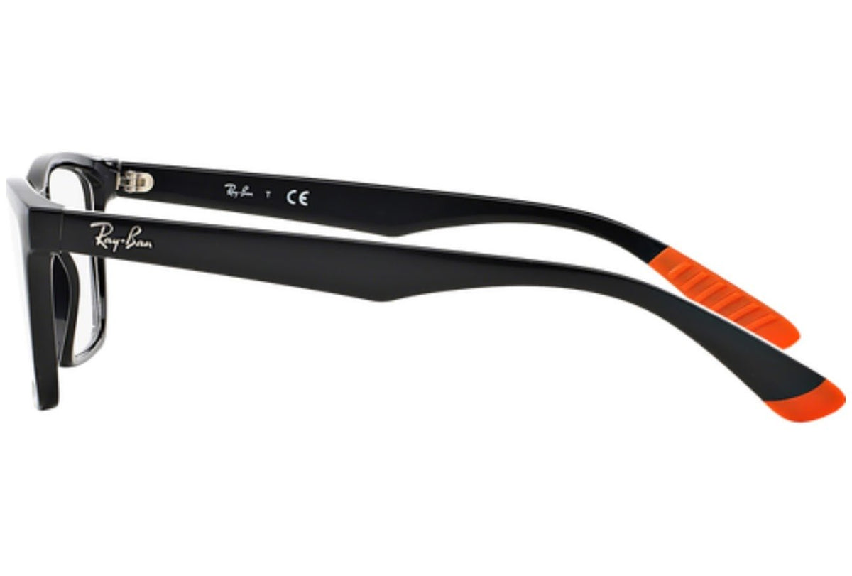 Black rectangular eyeglass frames with orange temple stripe, side profile close-up.