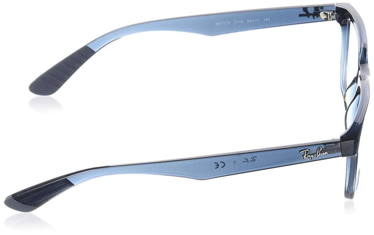 Ray-Ban RX7025 eyeglass frames, blue arms with measurement markings near hinges