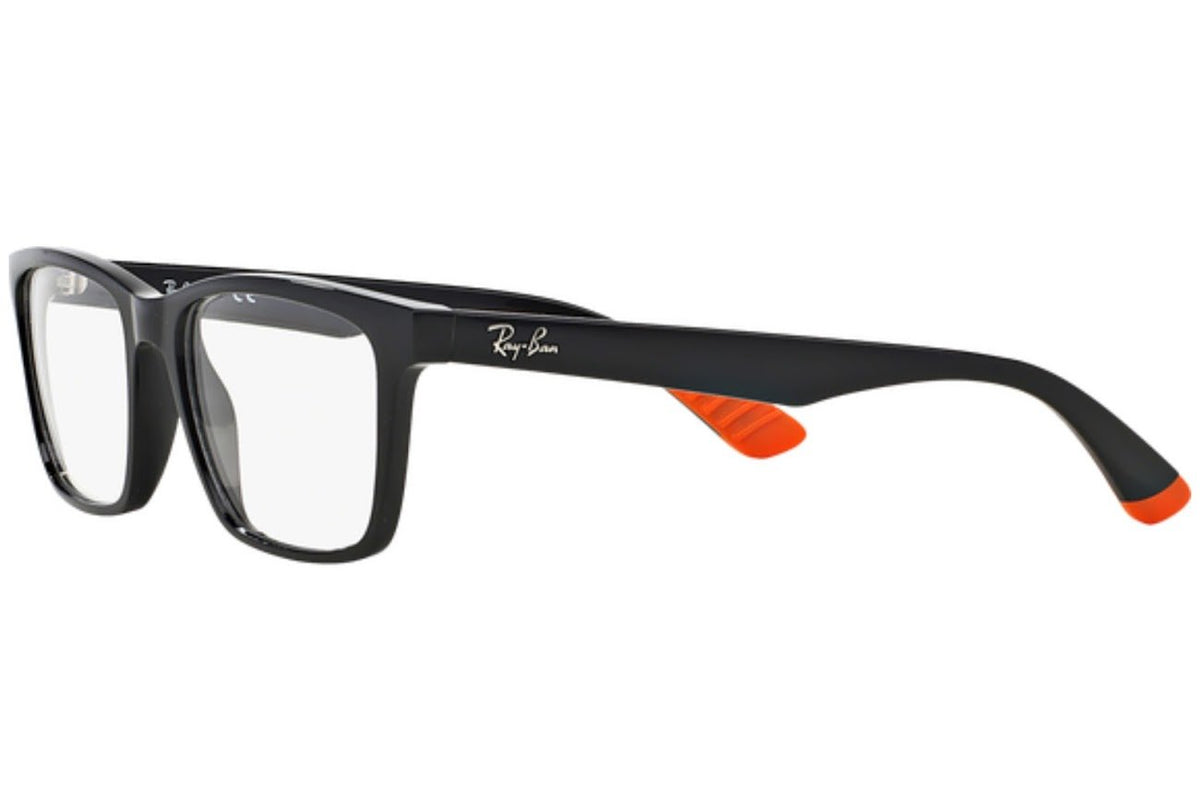 Black rectangular eyeglass frames with orange temple inserts, angled side view.