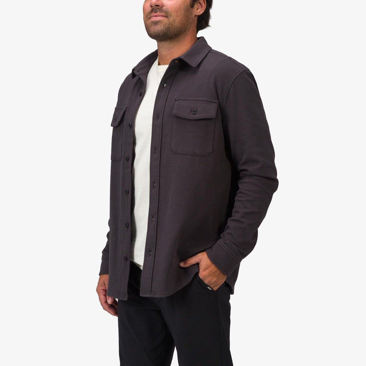 Men's long-sleeve button-up shirt, dark charcoal, button front with flap chest pocket