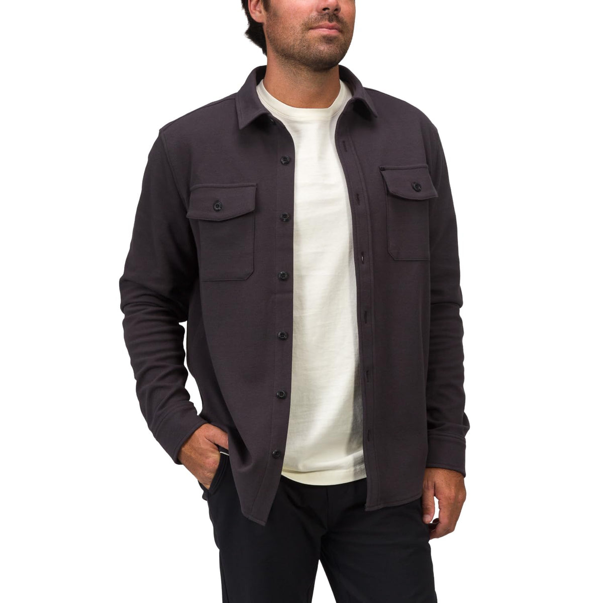 Men's long-sleeve button-up shirt in dark charcoal, with two flap chest pockets