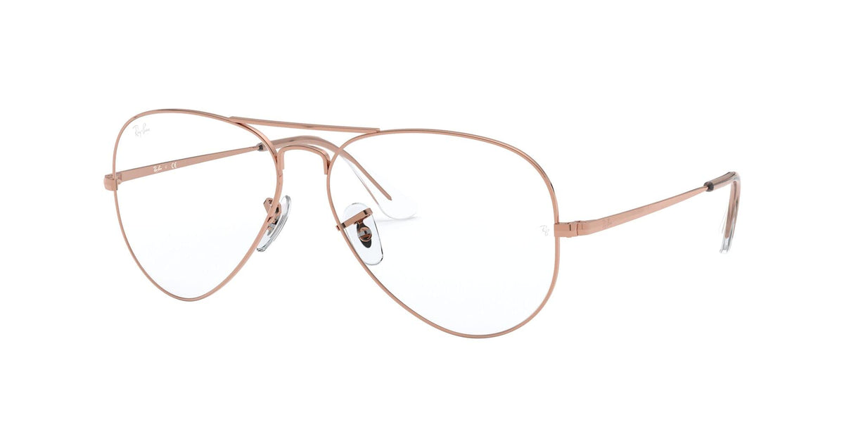 Rose gold metal aviator-style prescription eyeglass frame, side view, clear lenses