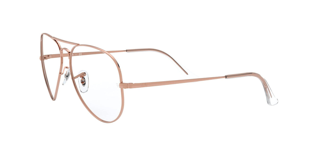 Rose gold metal aviator-style prescription eyeglass frame, angled view, clear lenses