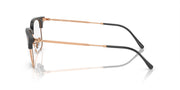 Prescription eyeglass frames side view: black arms with rose-gold hinges and clear lenses