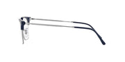 Prescription eyeglass frames side view with dark blue arms and clear lens rim