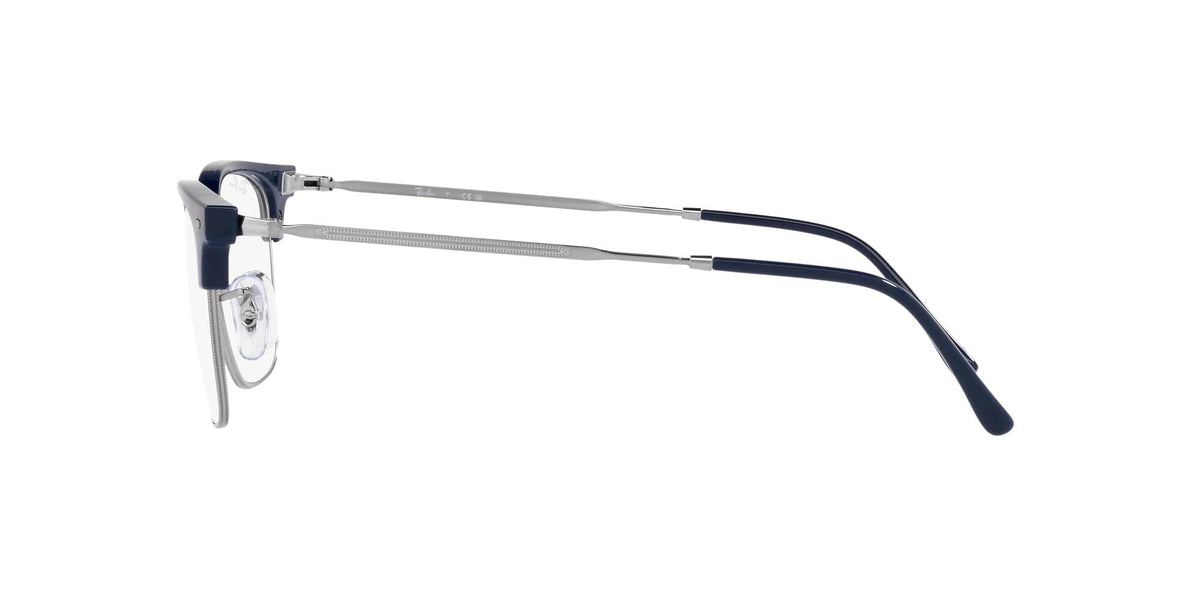 Prescription eyeglass frames side view with dark blue arms and clear lens rim