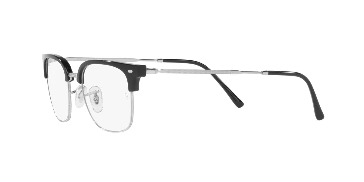 Ray-Ban RX7216 black and silver eyeglass frames with clear lenses, angled side view