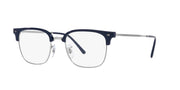 Prescription eyeglass frames, dark blue front with clear lenses and extended metal temple arms
