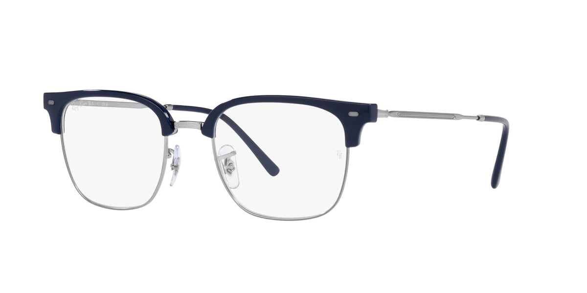 Prescription eyeglass frames, dark blue front with clear lenses and extended metal temple arms
