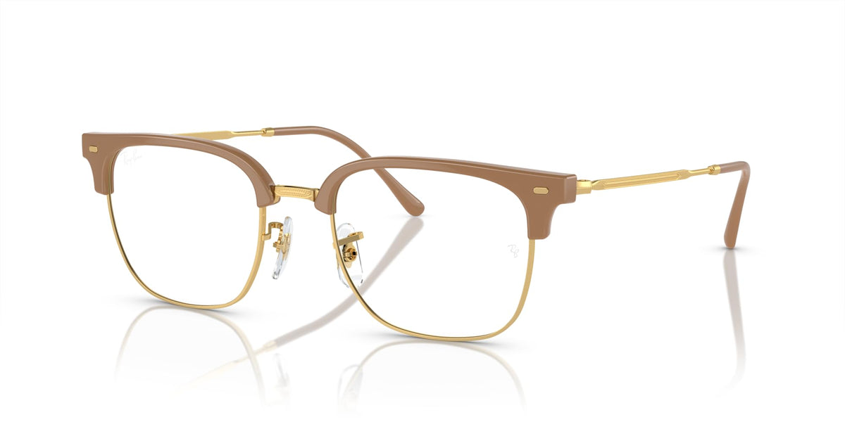 Prescription eyewear frames, brown acetate with gold metal temples and clear demo lenses
