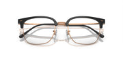 Prescription eyeglass frames front view in black with rose-gold metal accents and clear lenses