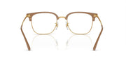 Prescription eyewear frames, brown full-rim with gold hinges and clear demo lenses