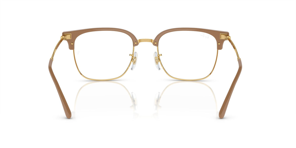 Prescription eyewear frames, brown full-rim with gold hinges and clear demo lenses