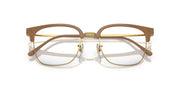 Prescription eyewear frames, brown acetate with gold bridge detail and clear demo lenses