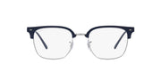 Prescription eyeglass frames in dark blue with clear lenses and metal bridge detail