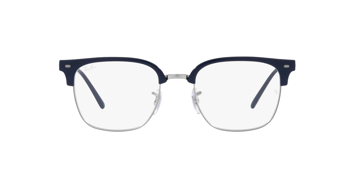 Prescription eyeglass frames in dark blue with clear lenses and metal bridge detail