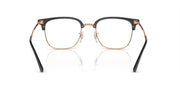 Prescription eyeglass frames front view in black with rose-gold detailing and clear lenses