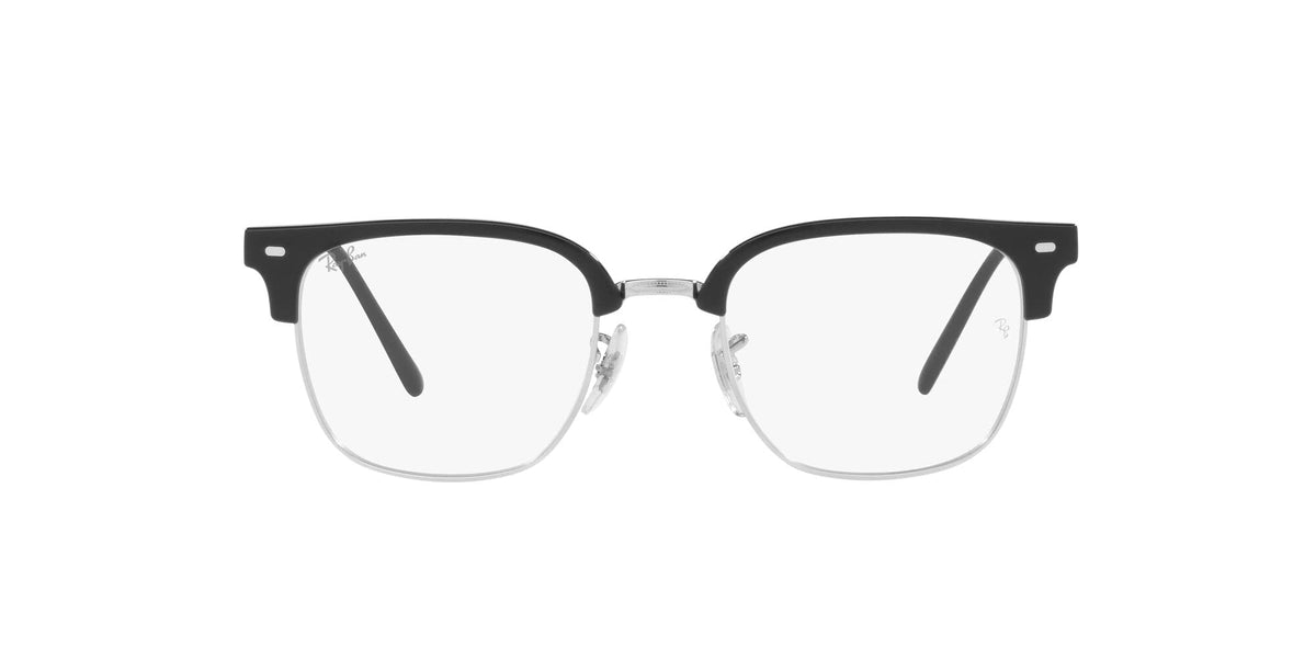 Ray-Ban RX7216 black frames with clear lenses and silver metal temples, front view