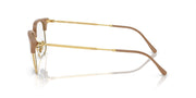 Prescription eyewear frames, brown acetate browline with gold metal arms and clear demo lenses