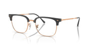 Prescription eyeglass frames, black frame with rose-gold metal bridge and clear lenses