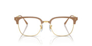 Prescription eyewear frames, brown acetate with gold metal hinges and clear demo lenses