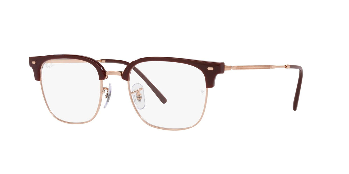 Brown prescription eyewear frames angled view with rectangular demo lenses and metal temples