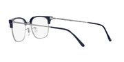 Prescription eyeglass frames with dark blue front, clear lenses, and angled metal temple tips