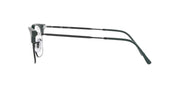 Dark prescription eyewear frames close side view with curved temple arms and demo lens