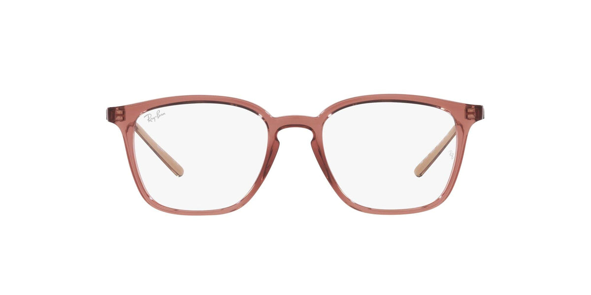 Ray-Ban RX7185 prescription frames in warm red-brown with tan nose bridge