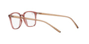 Translucent rose eyeglass frames with square lenses and thin temples