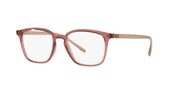 Ray-Ban RX7185 prescription frames, red-brown with tan temples and rectangular lenses