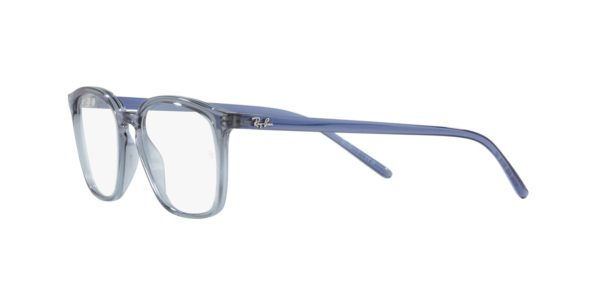 Ray-Ban RX7185 prescription frames, light blue rectangular acetate with blue temples