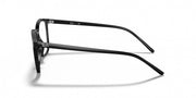Black eyeglass frames, side profile with angled temple tips