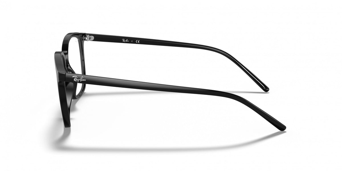 Black eyeglass frames, side profile with angled temple tips