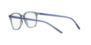 Ray-Ban RX7185 prescription frames angled view, light blue rims and blue temples
