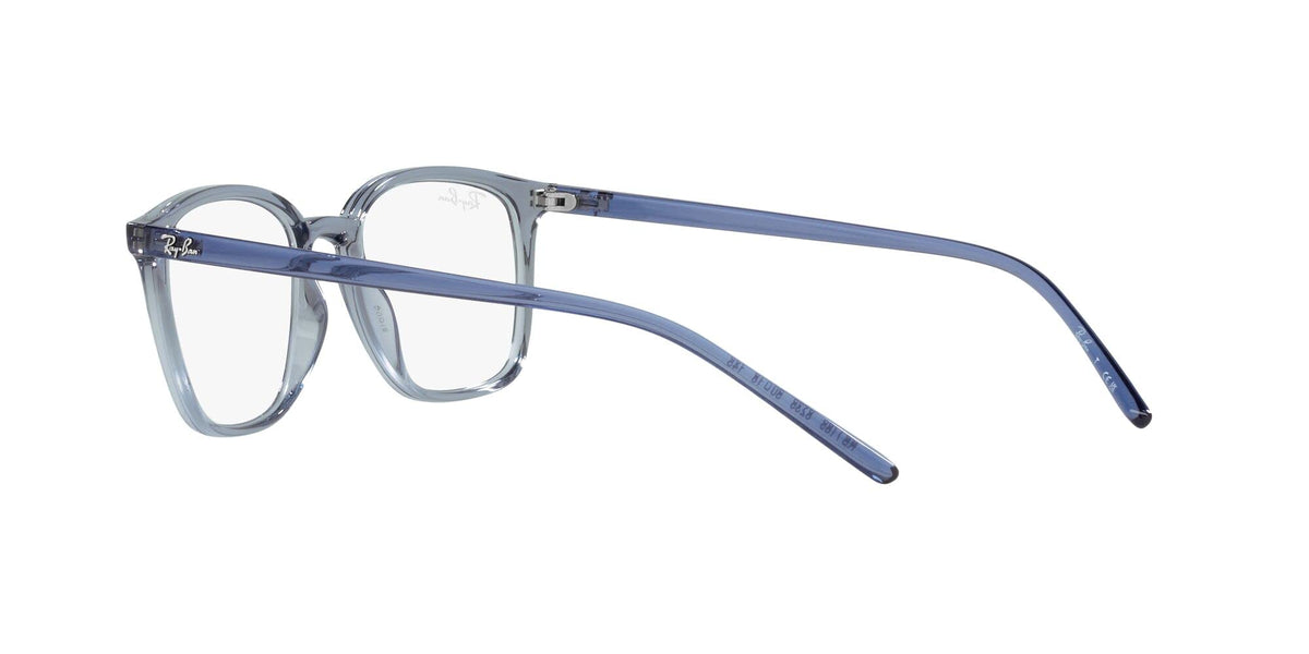 Ray-Ban RX7185 prescription frames angled view, light blue rims and blue temples