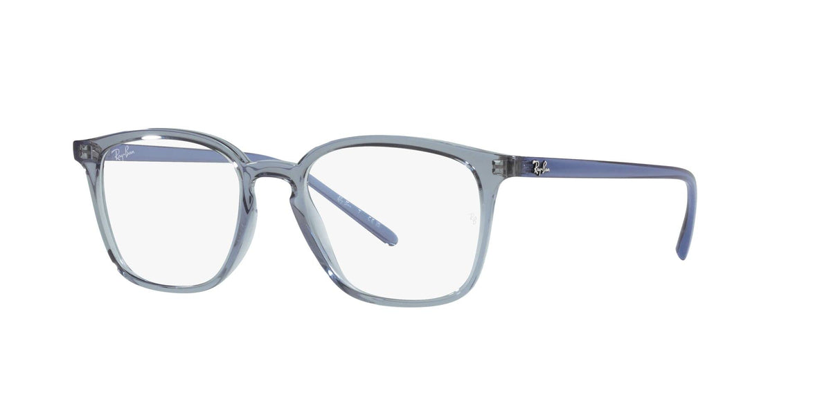 Ray-Ban RX7185 prescription frames with light blue front and darker blue temples