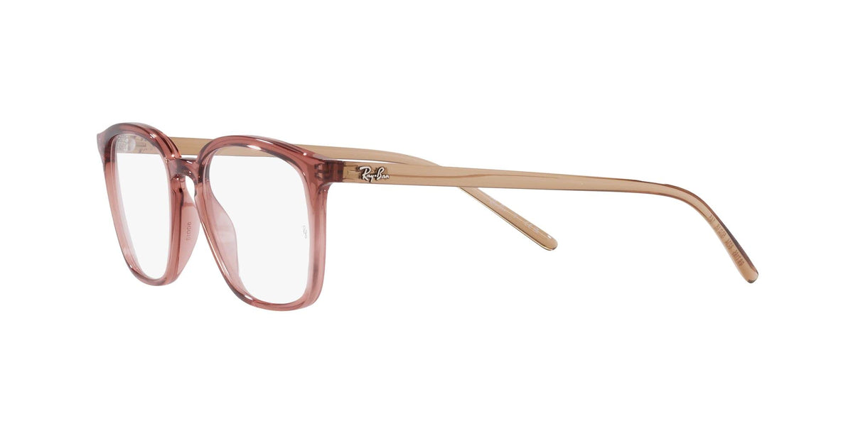 Ray-Ban RX7185 prescription frames in rose red with tan temples