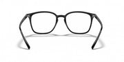 Black full-rim eyeglass frames with square lenses and logo-detail temples