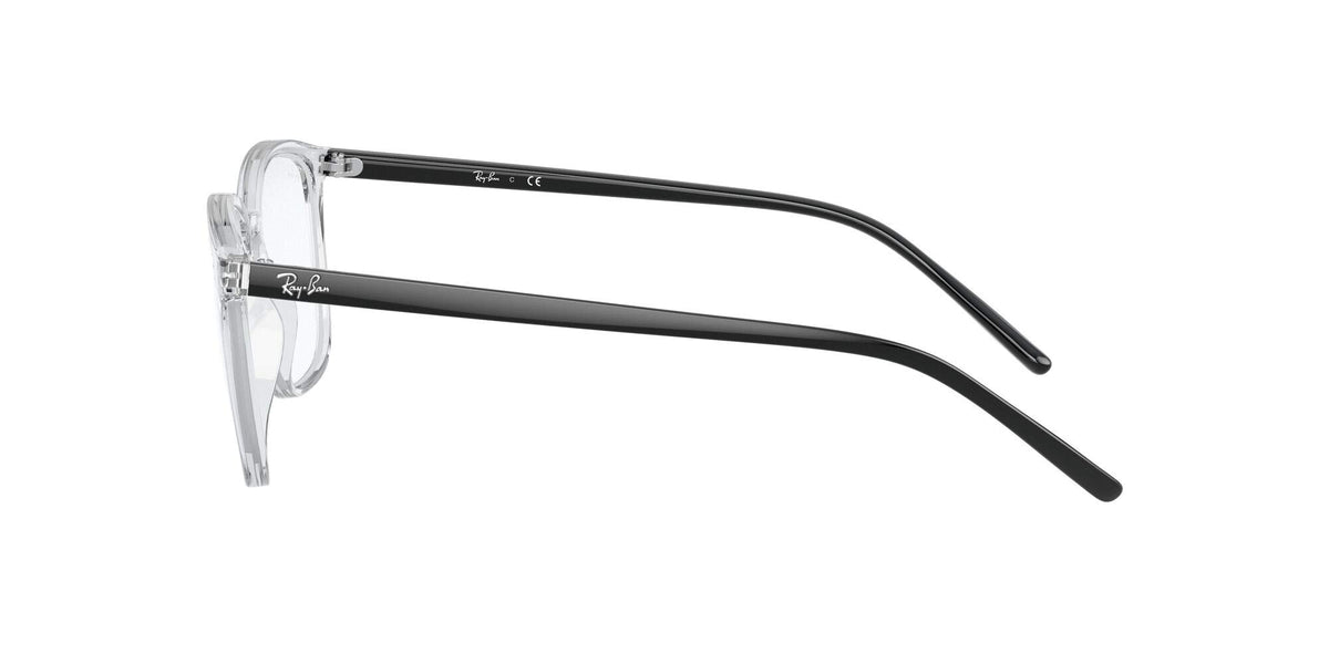 Ray-Ban RX7185 prescription frames with dark transparent blue front and black temples