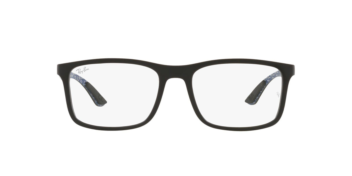 Black rectangular eyeglass frames with demo lenses, front view