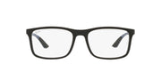 Black rectangular eyeglass frames with demo lenses, front view