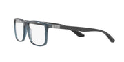 Transparent blue-grey eyeglass frames with demo lenses, side angled view