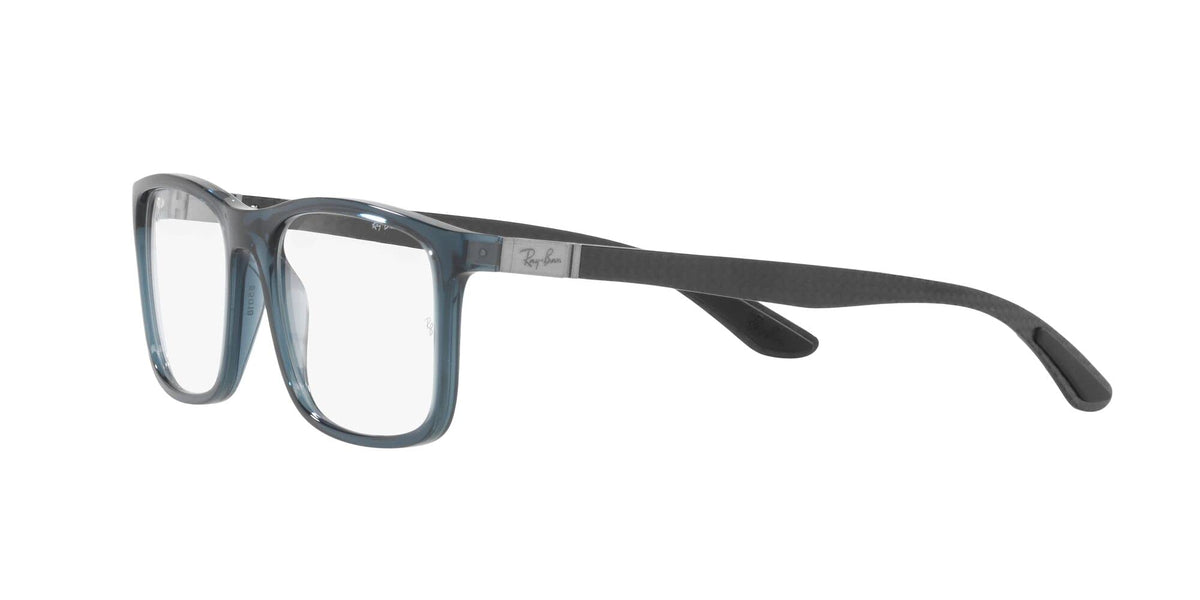Transparent blue-grey eyeglass frames with demo lenses, side angled view